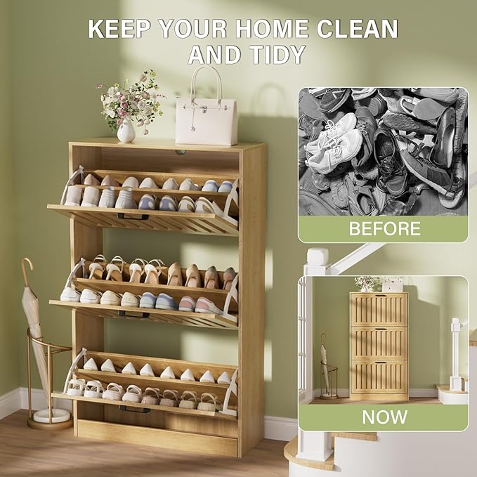 Shoe Storage Cabinet for Entryway with 3 Flip Drawers, Wooden Shoe Organizer with Adjustable Shelf, Freestanding Wood Fluted Panel Shoes Cabinet Closed Shoe Rack for Hallway, Foyer, Nature Oak-NeatNest