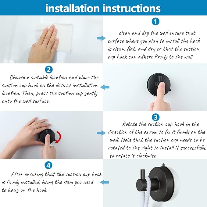 DGYB Suction Cup Hooks for Shower Set of 2 Towel Hooks for Bathrooms SUS 304 Stainless Steel Matte Black Shower Hook for Loofah 15 LB Bathroom Hook for Towels-NeatNest