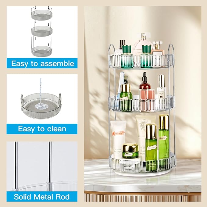 360 Rotating Makeup Organizer, 3 Tier Lazy Susan Bathroom Organizer, Easy to Install, Ideal Storage for Perfume, Skincare, Cosmetic, Dresser or Vanity Countertop (Classic Grey, 3 Tier)-NeatNest
