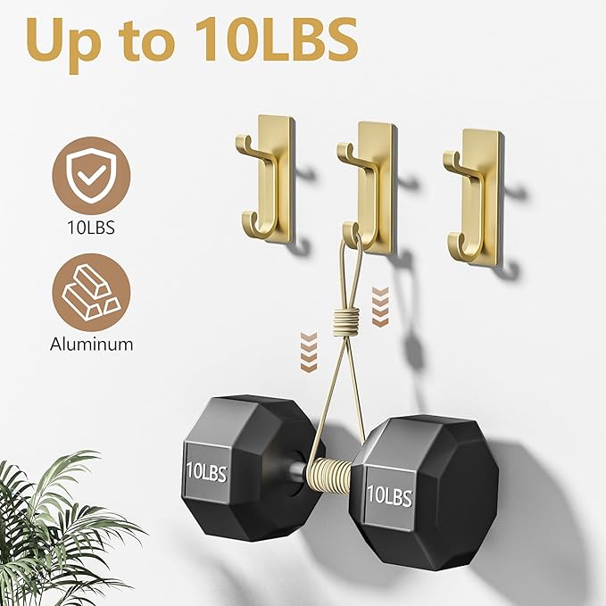 Gold Self Adhesive Wall Hooks for Coats - Stainless Heavy Duty Double Hook for Clothes, Towel, Keys, Purse, Backpack, Bag, Hat, 6 Pack Coat Hook for Door, Bathroom, Bedroom.