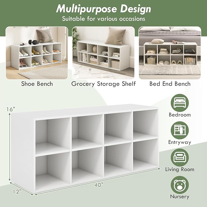LOKO 8-Cubby Shoe Storage Bench, 40” Entryway Bench with Storage, 500 LBS Loading Capacity, Multifunctional Shoe Rack Organizer, Bed End Bench for Bedroom Living Room Hallway Mudroom (White)