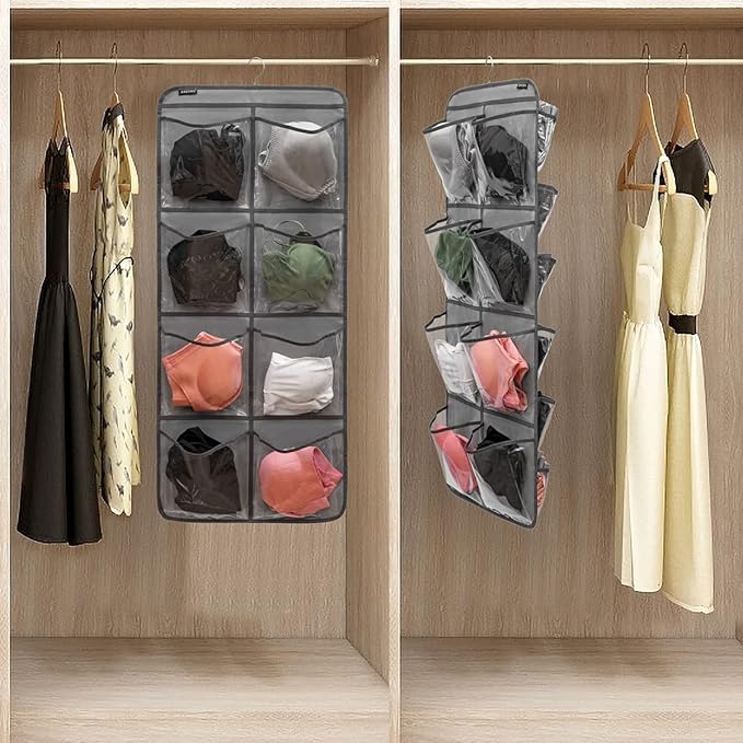 Dual-Sided Hanging Closet Organizer for Socks Underwear Bra Kids Storage Organizer for Baby Clothes Toddler Shoes with 26 Pockets (Grey-Clear Pockets)-NeatNest