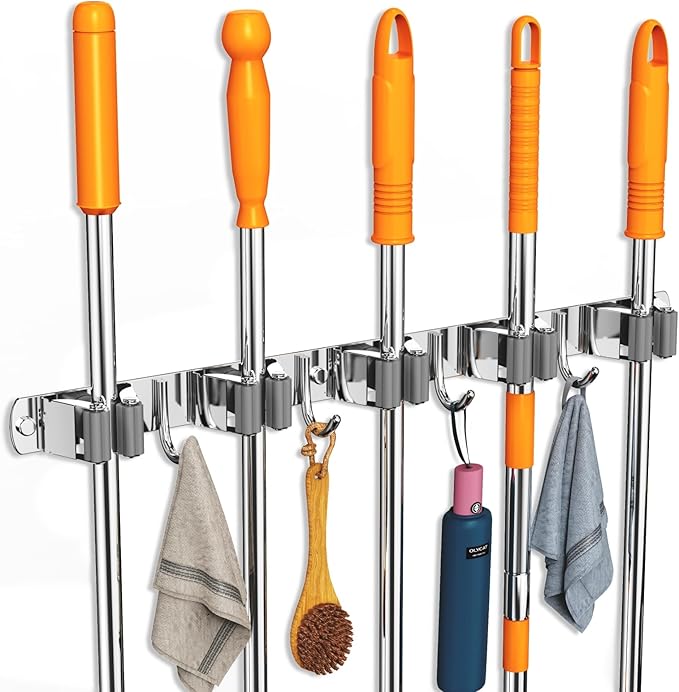 2 Pack Mop and Broom Holder Wall Mount, Non-slip Broom Hanger Wall Mount, Heavy Duty Mop Broom Organizer for Kitchen Garden Garage Laundry Room Wall Decor Organization and Storage Silver 5R4H-NeatNest