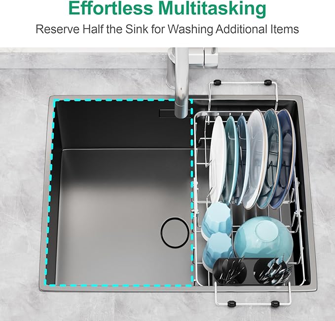 GSlife Small in Sink Dish Drying Rack - Stainless Steel Capacity Expandable Dish Drainer with Utensil Holder for Counter or Inside Sink, Silver