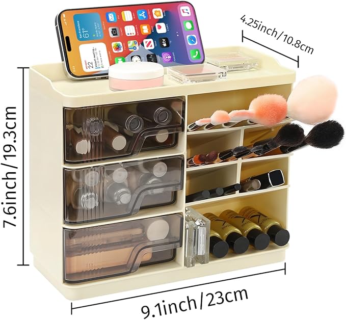 Makeup Organizer with Drawers&Phone Holder,Multi-Function Cosmetic Storage Organizer,Stackable Makeup Organizer Countertop for Makeup Brushes,Lipstick,Skincare and Bathroom Vanity Organization (Beige)-NeatNest