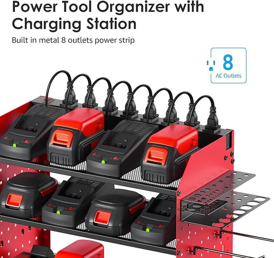 CCCEI Modular Pegboard Rack Power Tool Organizer with Charging Station. 4 Layer Wall Mount Drill Holder, Red Tool Battery Charger Organizer. Garage Shop Storage Utility Shelf with 10FT Power Strip.-NeatNest