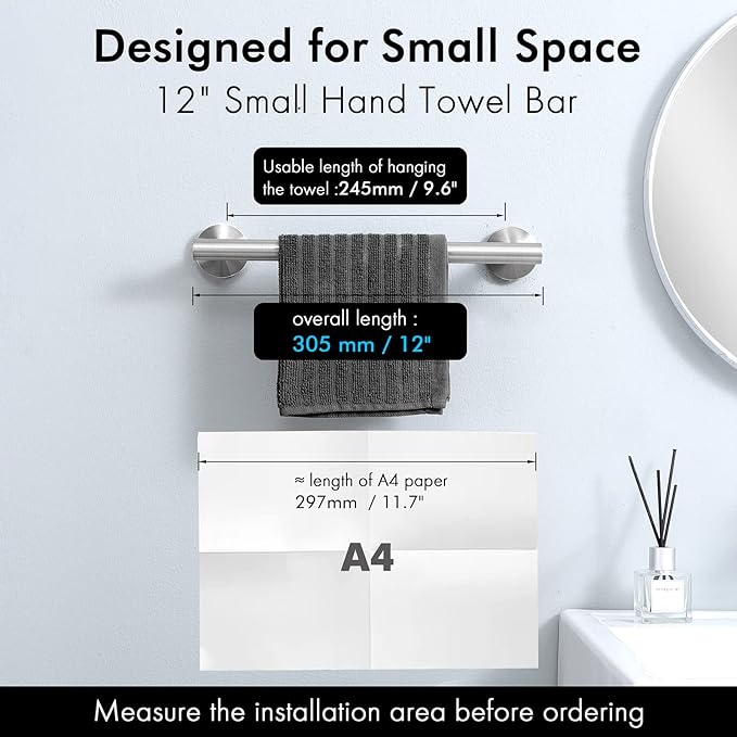 KES 9.6 Inches Hand Towel Bar Bathroom Towel Holder Kitchen Dish Cloth Hanger SUS304 Stainless Steel RUSTPROOF Wall Mount Brushed Steel, Total Length 12 Inch, A2000S30-2