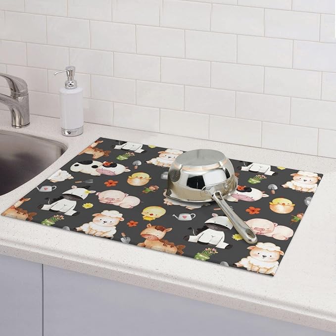 Farm Animal Dish Drying Mat 18 x 24 Inch for Kitchen Counter Cute Kitchen Mat Microfiber Kitchen Countertop Absorbent Reversible Drainer Rack Pad Dish Drying Mat