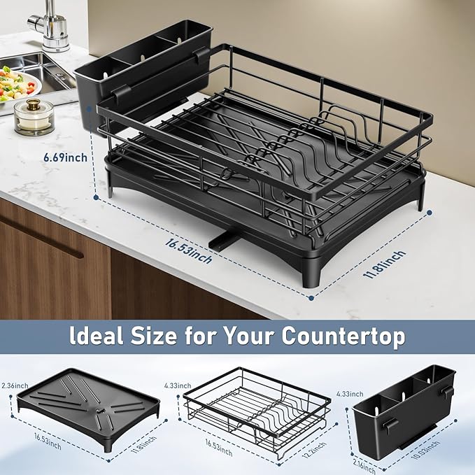 Black Stainless Steel Dish Drying Rack for Kitchen Counter, Space-Saving Dish Drainer with Drainboard, Utensil Holder & Collapsible Design-NeatNest