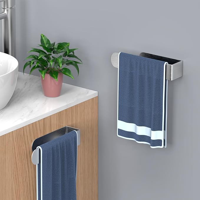 HUFEEOH 2 Pack Adhesive Hand Towel Holder, Sticky Towel Bar Towel Holder Wall Mounted, Stainless Steel Kitchen Towel Holder Hand Towel Rack for Bahtroom Hotel RV Kitchen (Silver)