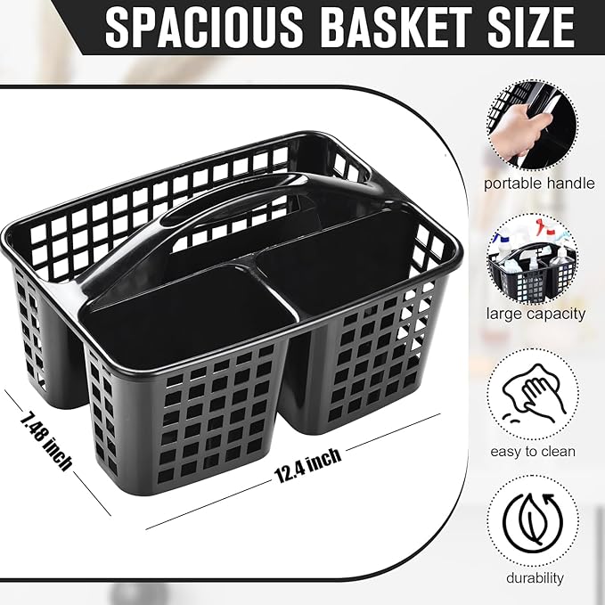Haundry Plastic Shower Caddy Basket with 3 Compartments, Portable Divided Cleaning Supply Storage Organizer with Handle (Black)-NeatNest