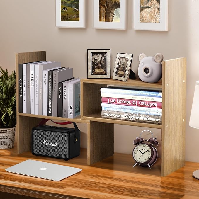 Desk Organizer Shelf Wooden Desktop Bookshelf Adjustable Desktop Organizer Shelves Small Book Shelf for Office Desk Supplies Home Storage Natural Stand Decor (Beige, Style2)-NeatNest