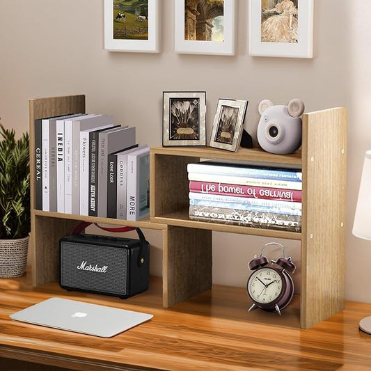 Desk Organizer Shelf Wooden Desktop Bookshelf Adjustable Desktop Organizer Shelves Small Book Shelf for Office Desk Supplies Home Storage Natural Stand Decor (Beige, Style2)-NeatNest