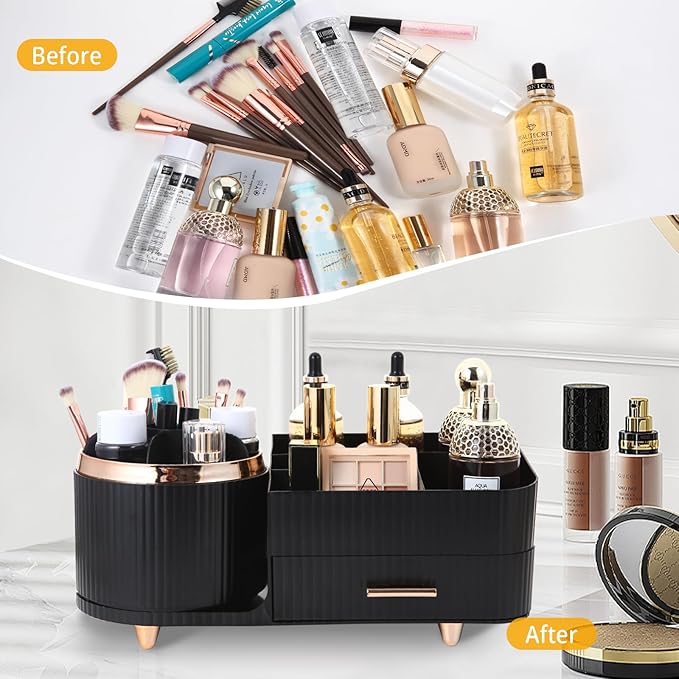 Makeup Organizer Countertop with Drawer 360 Rotating Brush Holder Storage Large Capacity Skincare Cosmetic Display Cases for Vanity Bathroom Desktop, Model 3016 Black-NeatNest