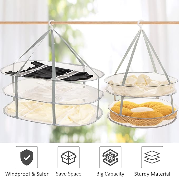 AUTODECO 2 Pack 2-Tier & 3-Tier Folding Mesh Clothes Hanging Dryer, Sweater Drying Rack, Large Laundry Drying Rack, Lay fold Flat Dry Hanger, Mesh Clothes Hanging Dryer - L(2Tier)+XL(3Tier)
