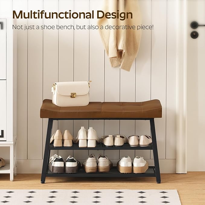 Shoe Bench, 3-Tier Shoe Rack, Entryway Bench with Storage and Cushion, for Hallway, Foyer, Bedroom, Brown and Black HX02BV