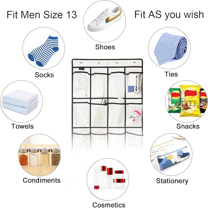 2 Pack Extra Large Hanging Crystal Clear Over Door Shoe Organizers, Closet Shoe Rack Organizer, 12+6 Pockets, 8 Hooks, White (59" x 21.6")-NeatNest