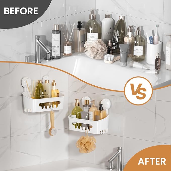 LEVERLOC Shower Caddy Suction Cup 2 Pack, Shower Organizer Removable Bathroom Shelf, Storage Suction Powerful Max Hold 22lbs Bathroom Caddy Waterproof Holder, White-NeatNest