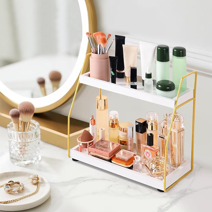 DWTS Bathroom Counter Organizer,Coffee Bar Accessories,2 Tier Bathroom Organizers and Storage Countertop Organizer,Ideal for Makeup Organizers,Perfume Organizers,VanityOrganizer(White/Gold)