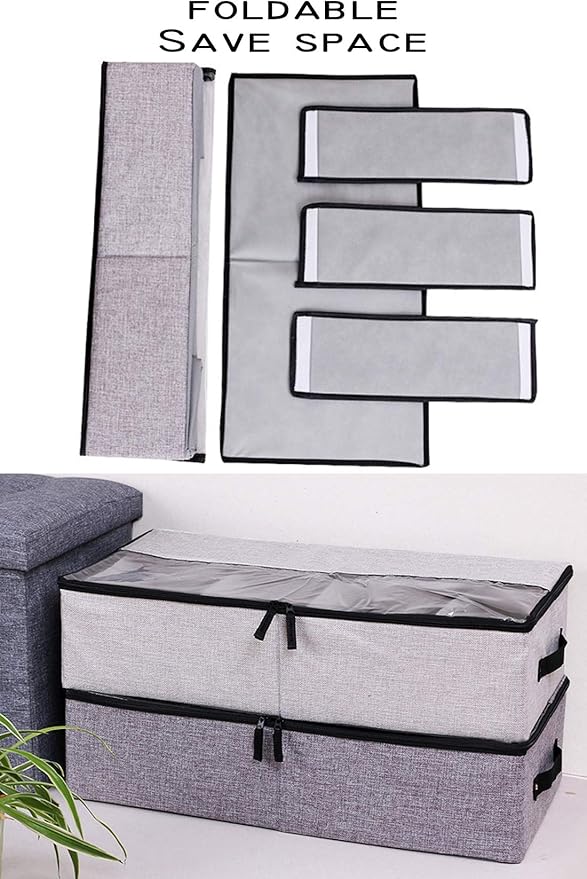 AARAINBOW 2 Packs Foldable Under Bed Shoes Organizer with Lids, Underbed Clothes Storage Container with Divider, UnderBed Storage Bins Box with Clear Window (Gray+Coffee)-NeatNest