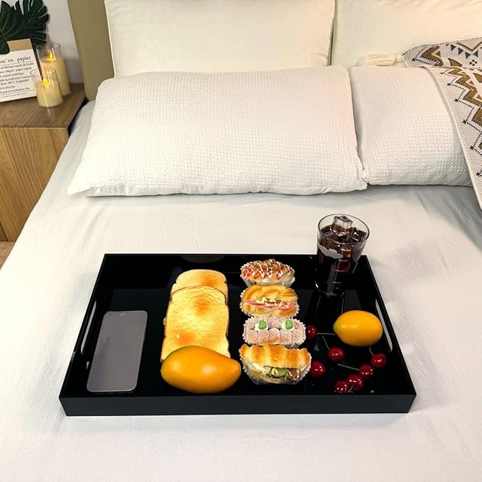 Glossy Black Sturdy Acrylic Serving Tray with Handles-12x20Inch-Serving Coffee,Appetizer,Breakfast,Butler-Kitchen Countertop Makeup Drawer Organizer-Vanity Table Ottoman Decorative Tray-NeatNest