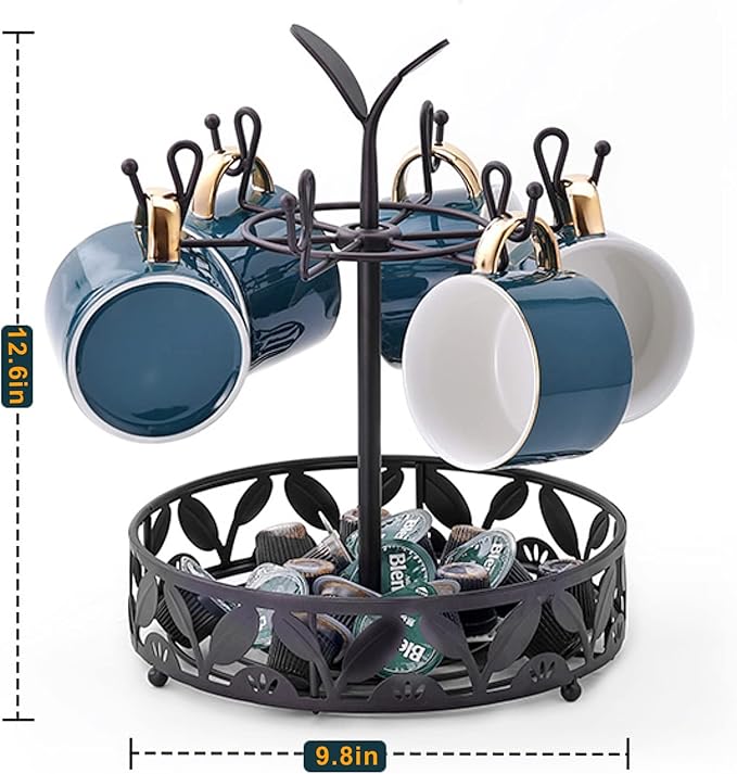 Coffee Mug Holder with Coffee Pod Basket Storage, Rotatable 6-capacity Cup Mug Holder Tree, Coffee Counter Bar Accessory & Kitchen Organizer-NeatNest