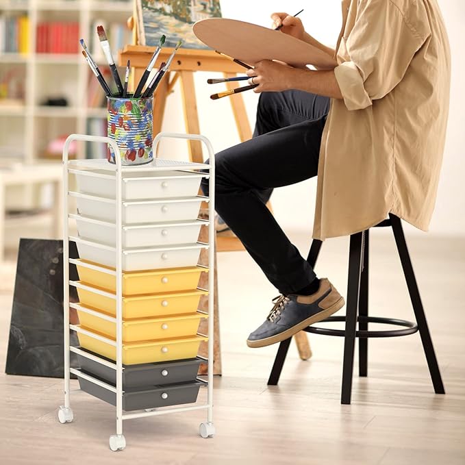 COSTWAY 10-Drawer Rolling Storage Cart, Utility Mobile Trolley with Removable Drawers & Universal Casters & 2 Brakes, Versatile Flexible Drawer Organizer Cart for Home, Office (Yellow)-NeatNest