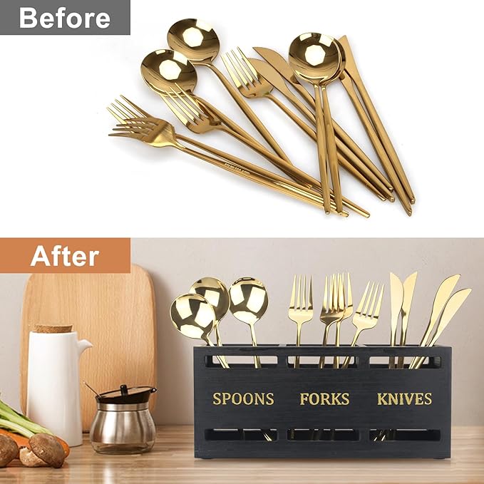 Ayiaren Wooden Cutlery Silverware Holder Flatware Utensil Caddy Black Utensil Holder for Kitchen Counter Wood Silverware Caddy Organizer for Table Countertop Spoon Knife and Fork Holder for Parties-NeatNest