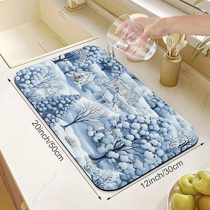 Hello Winter Dish Drying Mats Super Absorbent Dish Drainer Rack Pad Non-Slip Drying Mat for Kitchen Counter, 20"x12"