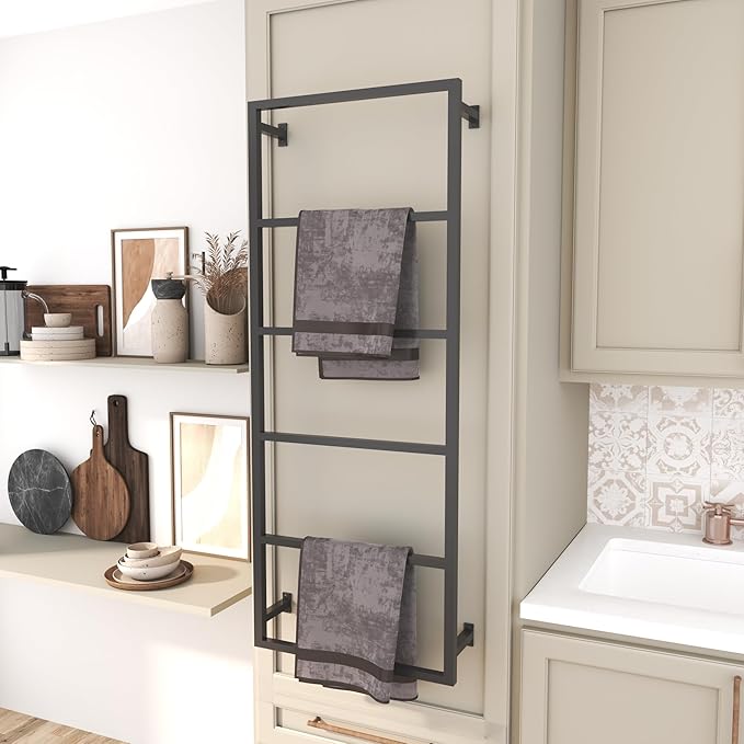 Elegant Wall Mounted 6 Tier Towel Holder, Rust-Resistant, Space-Saving Towel Rack for Effortless Drying, Perfect for Modern Farmhouse Bathroom, Kitchen Decor (52"(H) x 24"(W) x 3"(D))