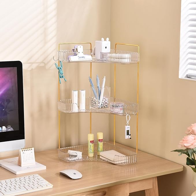 3 Tier Plastic Bathroom Counter Organizer with Hooks,Corner Vanity Tray and Makeup Storage Shelf for Sink, Countertop (White Gold)-NeatNest