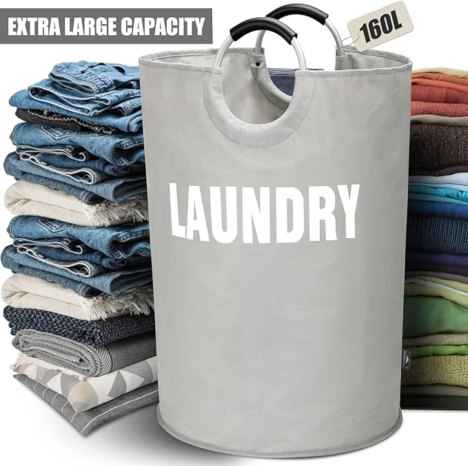 DOKEHOM 160L XX-Large Laundry Basket (7 Colors), Collapsible Laundry Bag, Foldable Laundry Hamper, Folding Washing Bin (Grey, XXL)-NeatNest