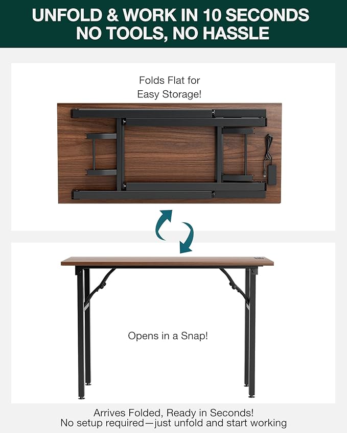 Frylr Small Folding Computer Desk β 43.3 Inch Portable Table for Craft and Study, Lightweight Desk for Small Spaces, Foldable Laptop Table Built-in AC/USB Outlets for Convenience, Dark Walnut
