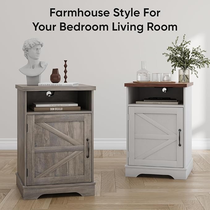 Farmhouse White Nightstand with Charging Station, Bedside Table with Storage, Rustic Side End Table with Walnut Top, Night Stands with Open Shelf for Bedroom