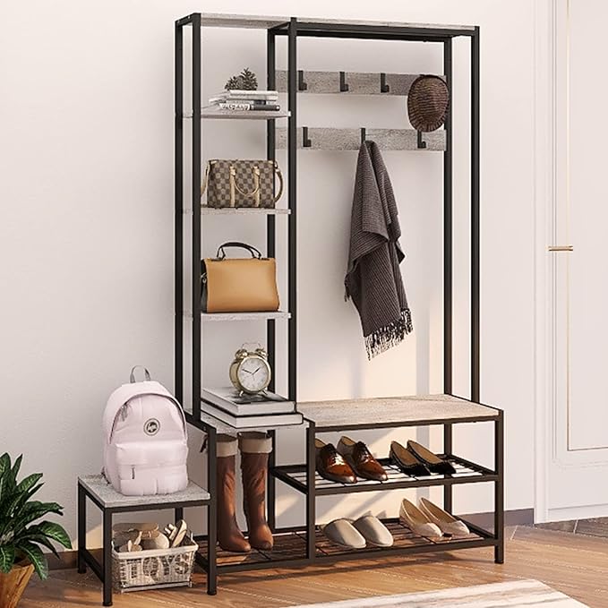 Hall Tree with Shoe Storage Bench Coat Rack with 7 Hooks Interchangeable 4 Tier Side Storage Shelves Small Cute Side Bench Industrial 5-in-1 Entryway Coat Rack for Hallway Mudroom Bedroom
