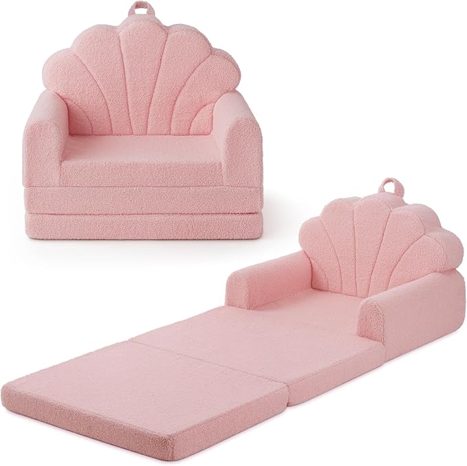 Blissful Diary Kids Couch, 2-in-1 Soft Toddler Couch Fold Out, Toddler Chair Comfy, Convertible Sofa to Lounger, Kids Furniture for Playroom, Gift for Birthday, Children's Day, Pink Shell-NeatNest