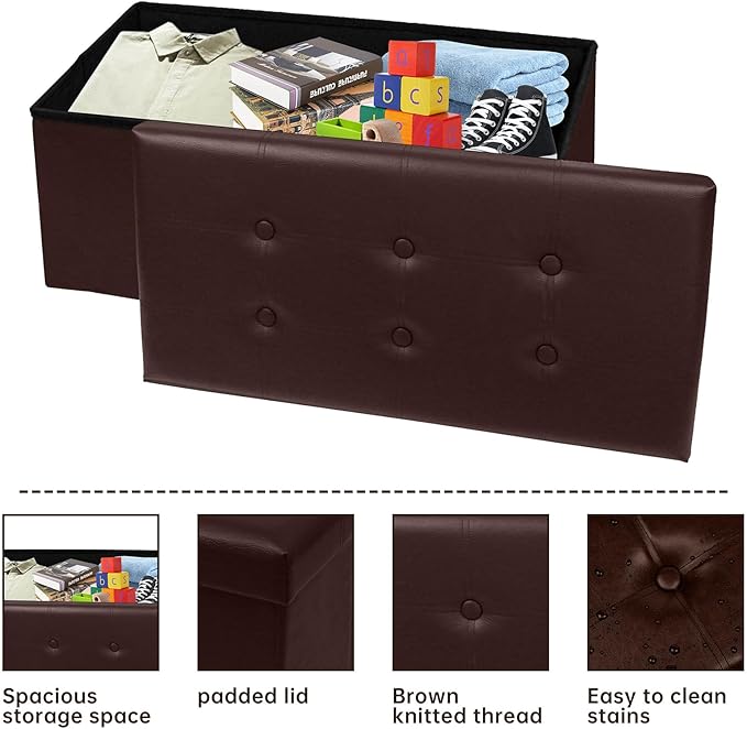 30 Inches Folding Storage Ottoman Bench, Faux Leather Footrest Ottoman, Storage Trunk Footrest for Bedroom, Living Room and Hallway, Support 350lbs, Brown Brown line