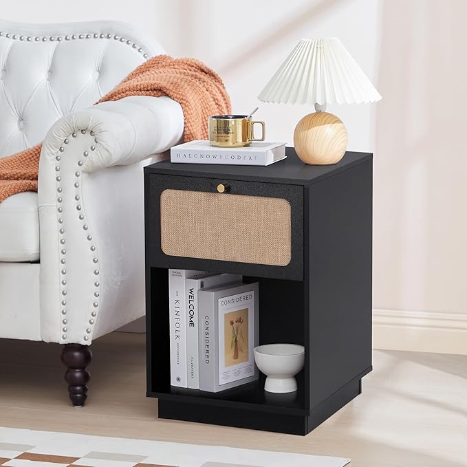 Mid Century Night Stand Set of 2, Modern Nightstand with Drawer & Curved Linen Panel, Farmhouse End Table Wood Bedside Table Small Side Tables for Small Space, Bedroom (Black)