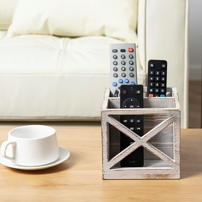 FARM IN Remote Control Holder,TV Remote Holder,Remote Caddy,Solid Wood Remote Control Holder with Cursive Letters Design, Whitewashed Solid Pine Wood with Black Cursive Letters Remotes-NeatNest