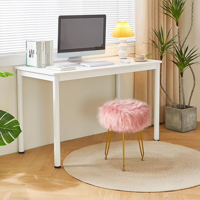 IBUYKE Faux Fur Vanity Stool Chair, Furry Makeup Stool Ottoman, Soft Padded Seat, Round Footrest Footstools with 4 Metal Legs, for Living Room Bedroom Entryway, Pink LG-32P