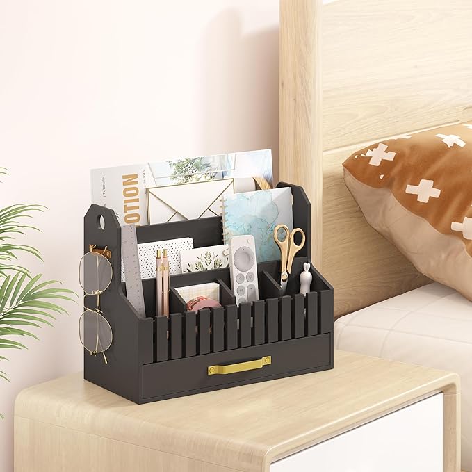 Bamboo Mail Organizer Countertop with Drawers, Wood Desk File Organizer Desktop Paper Organization Storage Bill & Letter Sorter Holder for School Home Office Supplies, No Assembly Required (Black)-NeatNest