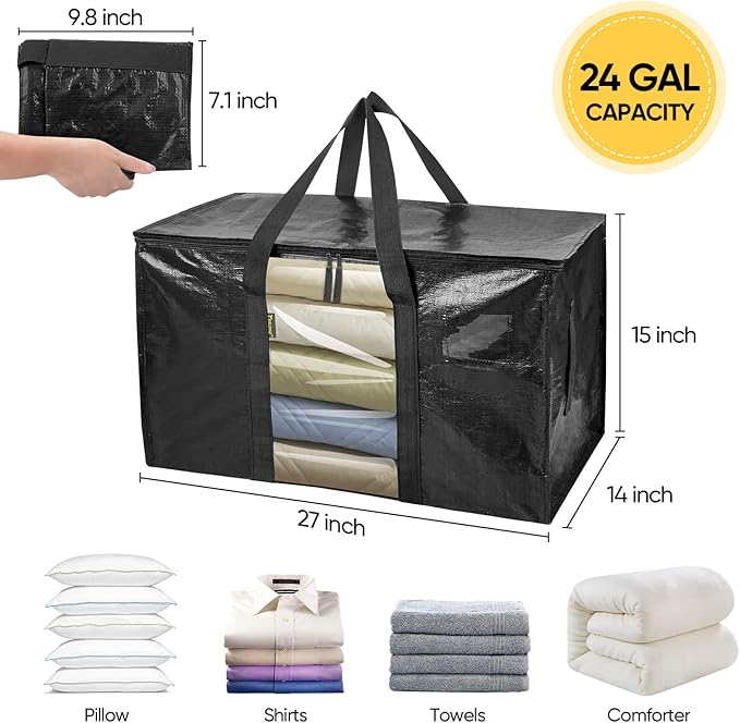 BALEINE 2-Pack Oversized Moving Bags with Reinforced Handles, Heavy-Duty Storage Tote Moving Supplies for Packaging, Camping (Black w/Window, 2-Pack)-NeatNest