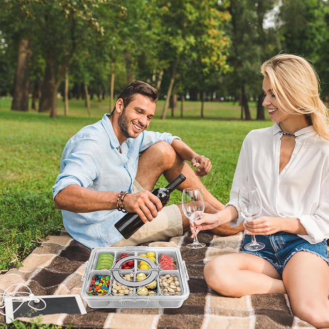 Divided Serving Tray with Lid and Handle,8 Compartments Snacks Box,Snack Fruit and Veggie Tray,Portable Platter for Candy Fruits Nuts Snack Party Entertaining Picnic (2 PCS Grey)-NeatNest