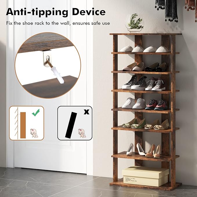 COSTWAY 7 Tiers Shoe Rack, Double Rows Vertical Tall Narrow Patented Shoe Organizer, Free Standing Shoe Rack for Small Space, Entryway, Closet, Living Room, Bedroom (Rustic Brown)-NeatNest