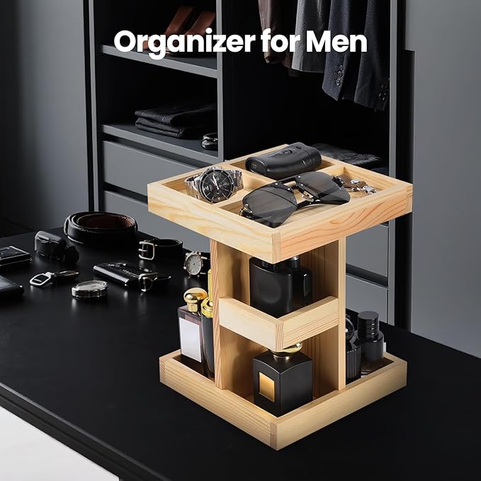 360 Rotating Wood Rotating Countertop Organizer,Mens Cologne Organizer,Mens Bathroom Organizer,Perfume Tray,Cologne Stand,Vanity Tray,Counter Shelf,Countertop Shelf(Burlywood)