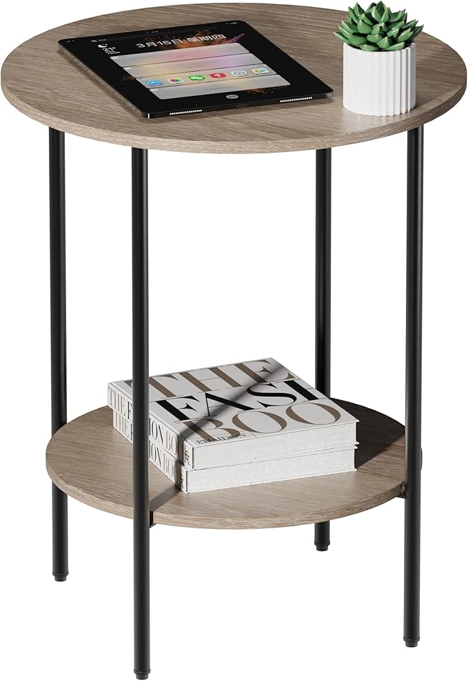 Side Table,Round End Table with 2 Storage Shelves| Compact Side Tables for Living Room, Couch, Office & Bedroom | Narrow Accent Table as Space-Saving Small Bedside Table 18x18x22in (Pink)