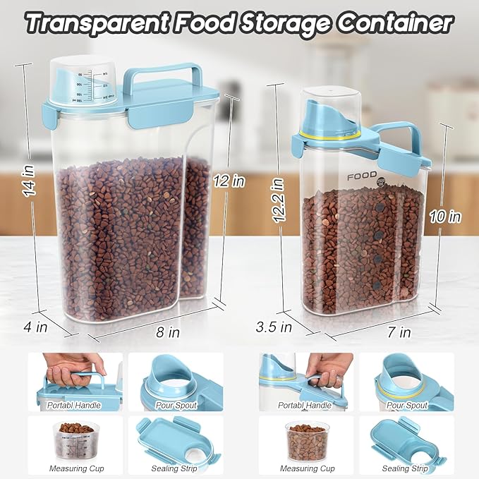Dog Food Storage Container, Upgraded Large Nozzle BPA-free, 8-12 LBS Plastic Pet Food Storage Containers, With 4 Sealed Clasps, 1 Measuring Cup and Handle (2, Natural Blue (3L+5L), (3L+5L))-NeatNest