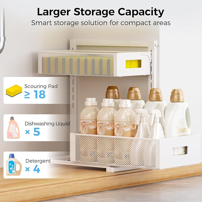 2 Pack Under Sink Organizer, Adjustable Height Under Sink Organizers and Storage, Smooth & Silent Sliding Out Metal Drawer for Kitchen Bathroom Pantry Cabinet Closet (White)-NeatNest