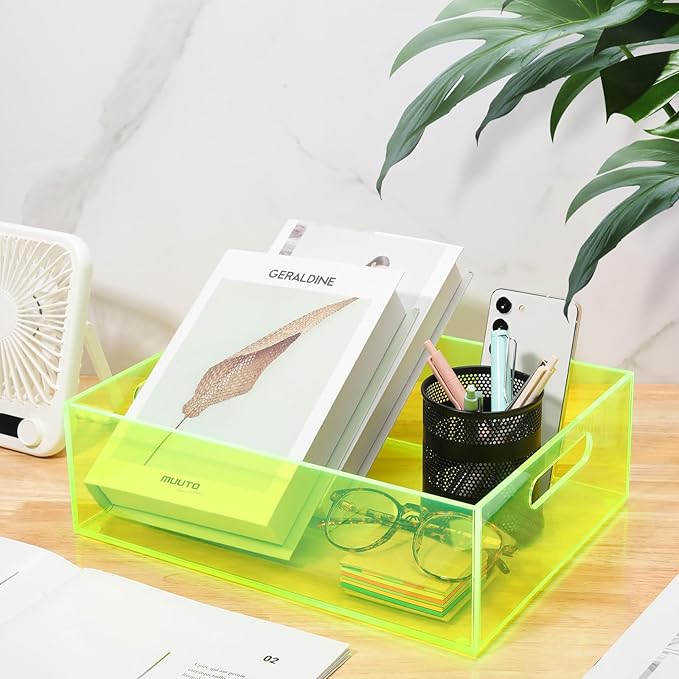 Acrylic Storage Bin Pantry Storage Container with Handles Kitchen Organizer Bin for Cabinet Cupboard Organization, Heavy Duty, 12.6 x 9.4 x 4'', Neon Green