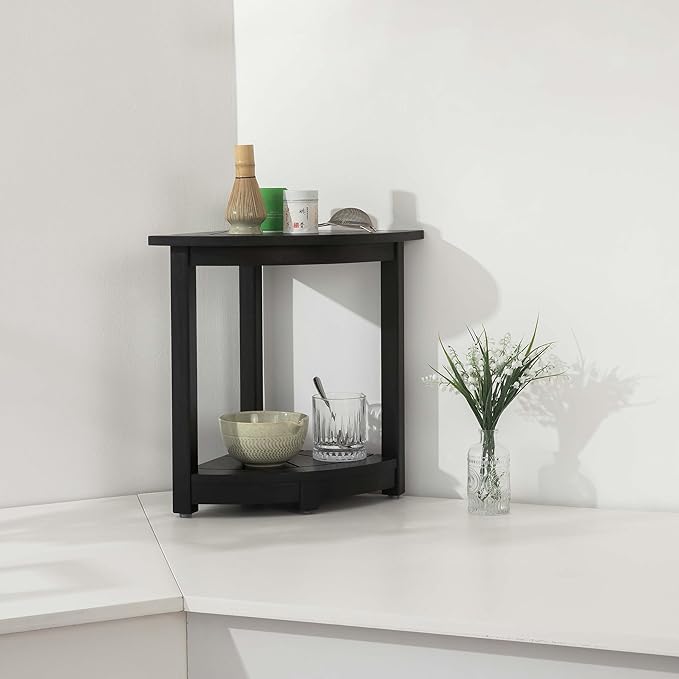Acacia Corner Shower Stool, Waterproof Spa Foot Rest & Bath Bench with Storage Shelf & Soap Dish, Ideal for Bathroom, Shaving Legs, or as Small Corner Table/Step Stool (Black)